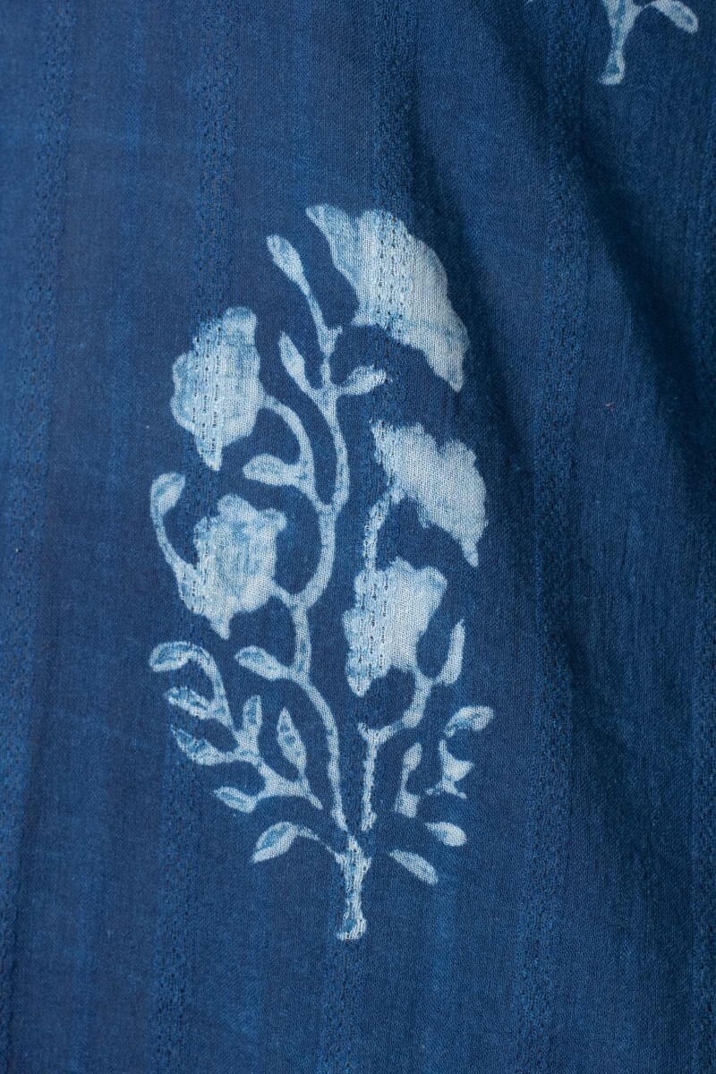 Indigo Block Printed Straight Cotton Dobby Kurta