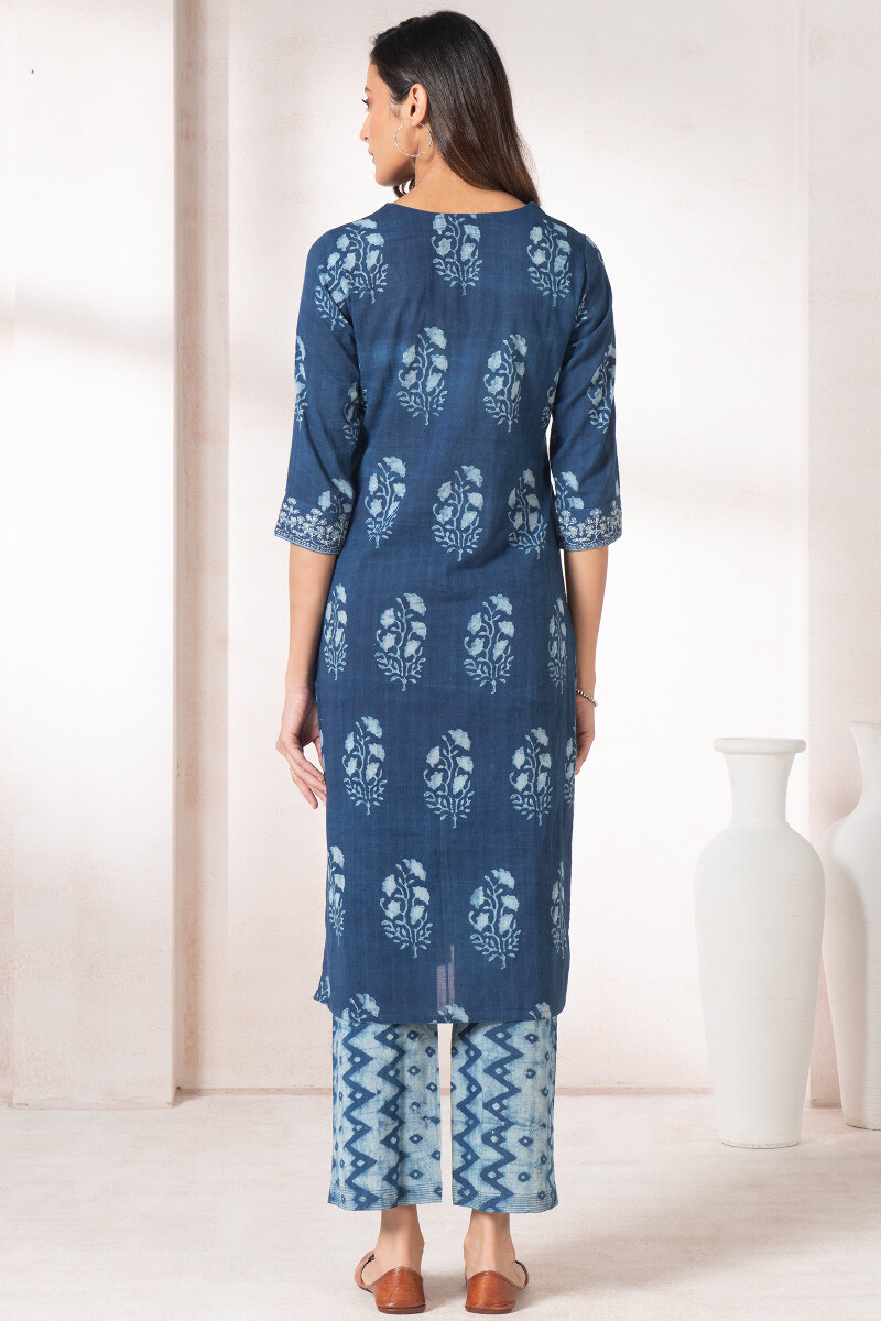 Indigo Block Printed Straight Cotton Dobby Kurta