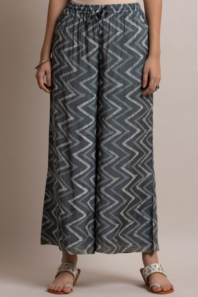 Grey Block Printed Shantung Silk Palazzo