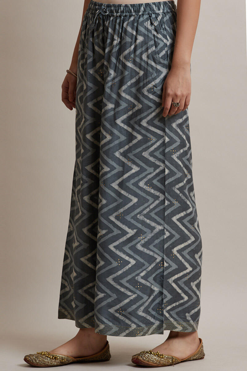 Grey Block Printed Shantung Silk Palazzo