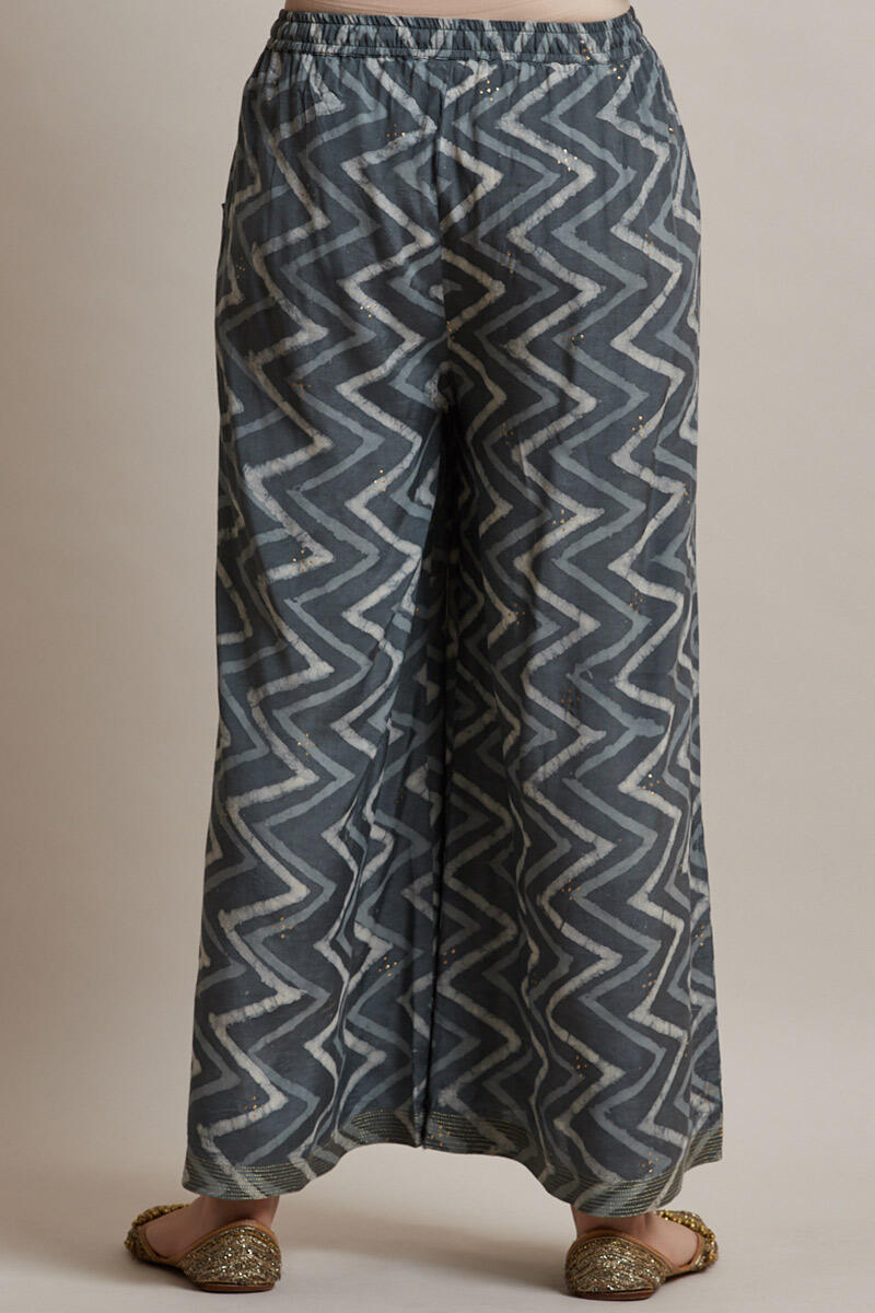 Grey Block Printed Shantung Silk Palazzo