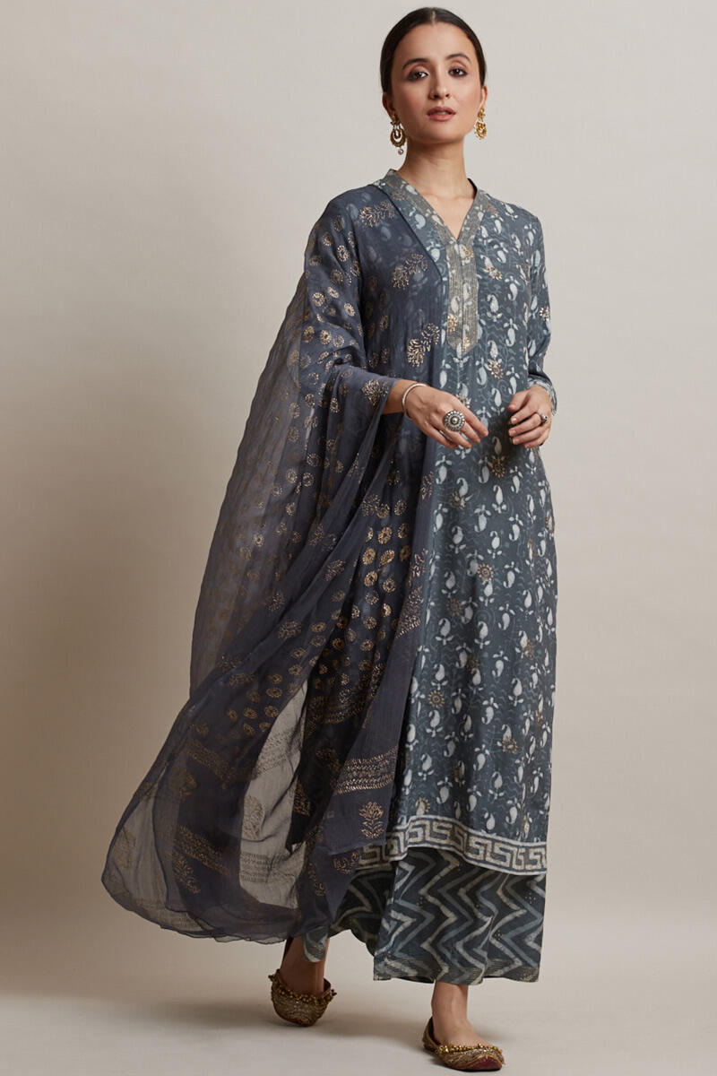 Grey Block Printed Shantung Silk Palazzo