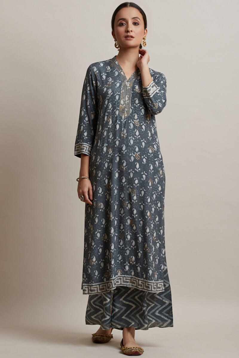 Grey Block Printed Straight Shantung Silk Kurta