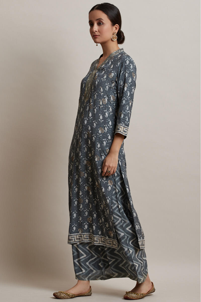 Grey Block Printed Straight Shantung Silk Kurta