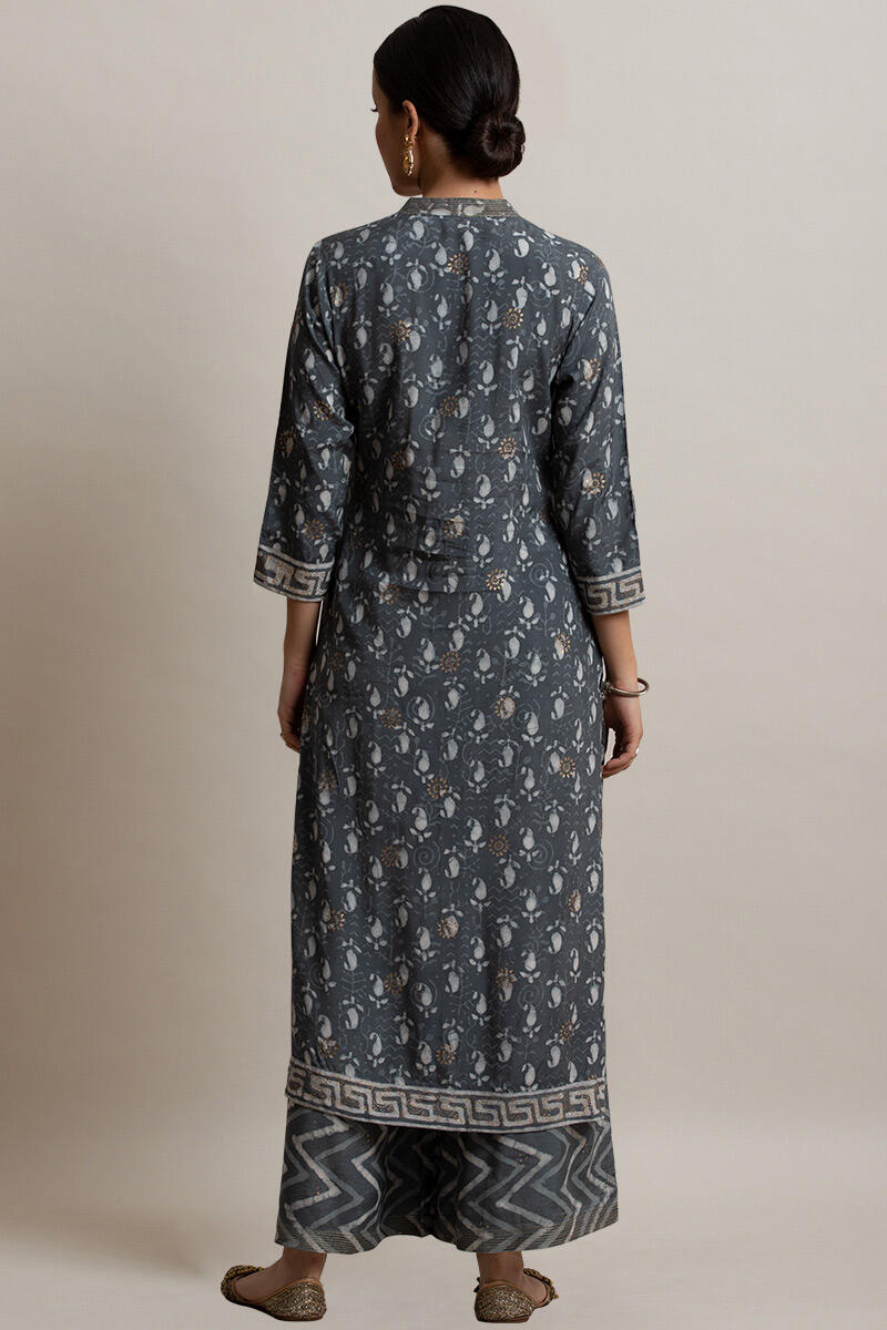 Grey Block Printed Straight Shantung Silk Kurta