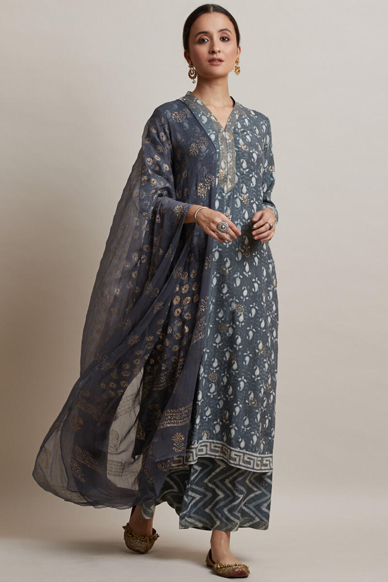 Grey Block Printed Straight Shantung Silk Kurta