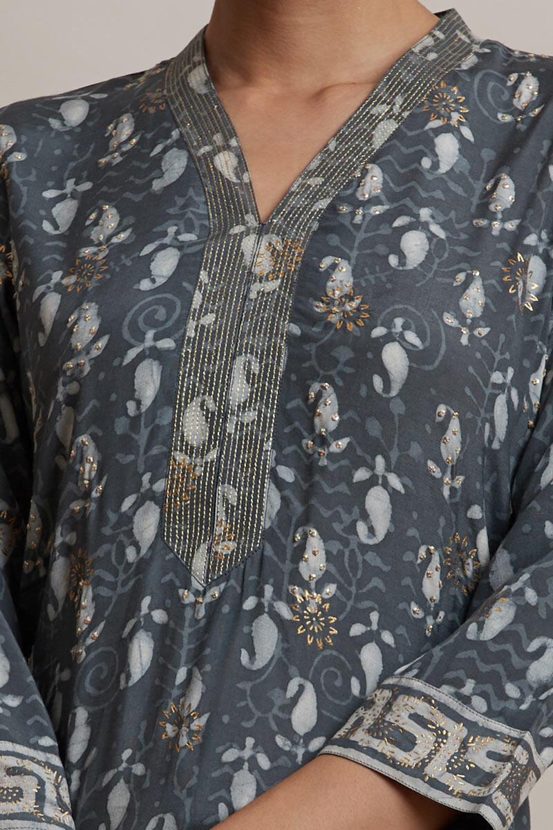 Grey Block Printed Straight Shantung Silk Kurta