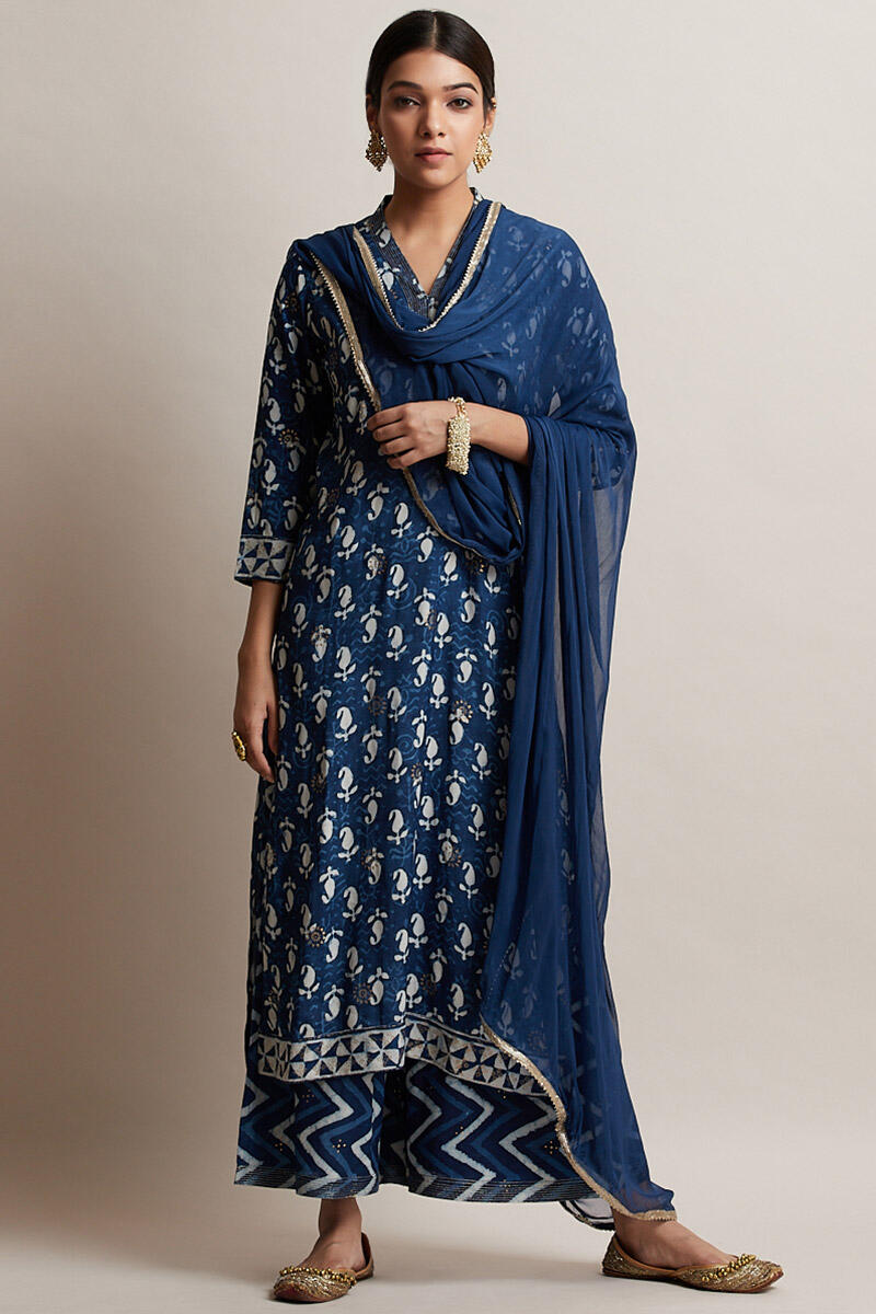 Indigo Block Printed Straight Shantung Silk Kurta