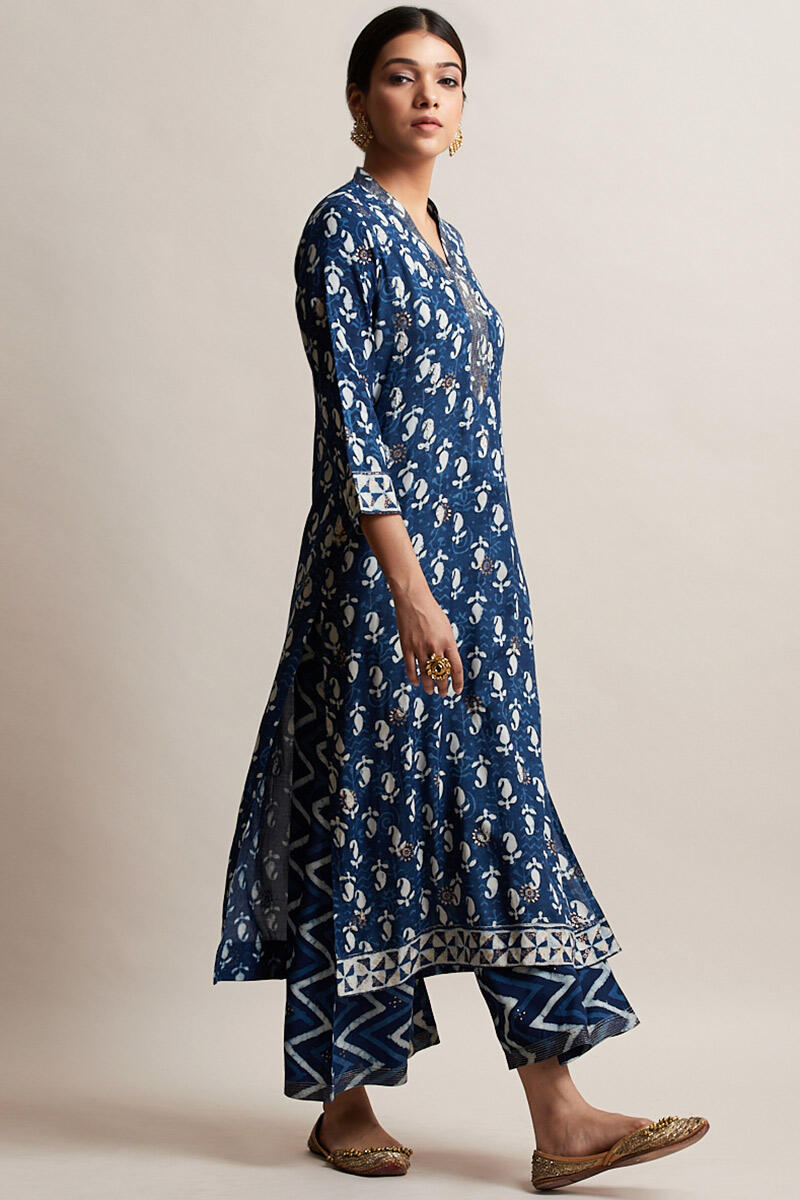 Indigo Block Printed Straight Shantung Silk Kurta