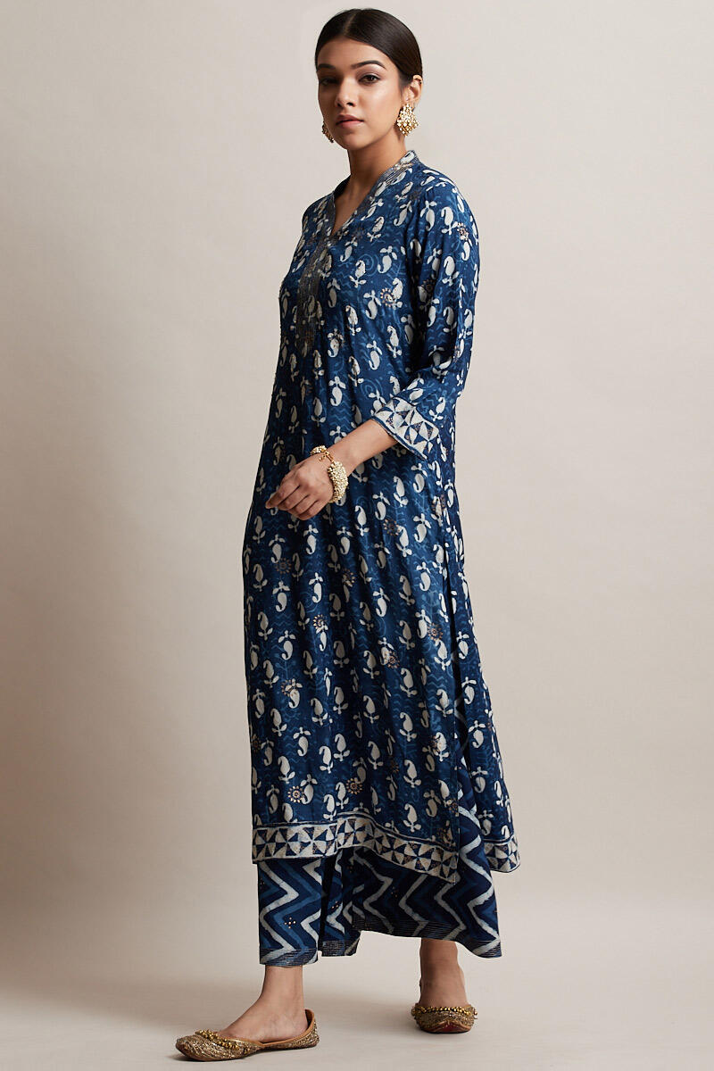 Indigo Block Printed Straight Shantung Silk Kurta