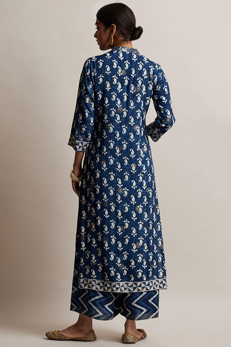 Indigo Block Printed Straight Shantung Silk Kurta