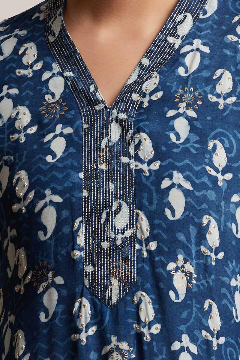 Indigo Block Printed Straight Shantung Silk Kurta