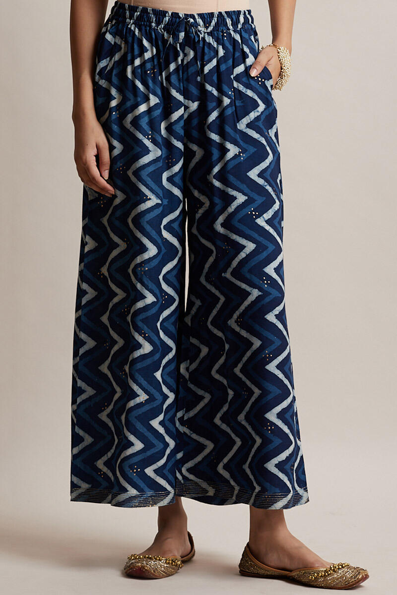 Indigo Block Printed Shantung Silk Palazzo