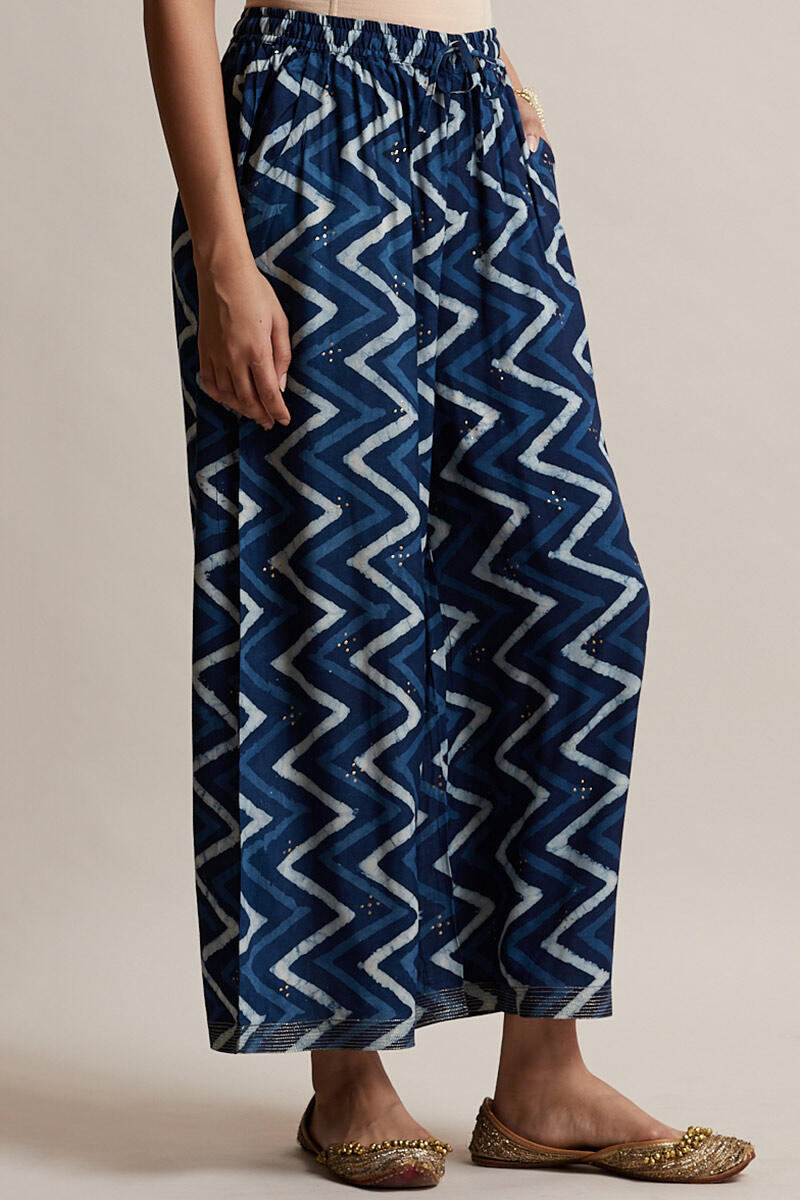 Indigo Block Printed Shantung Silk Palazzo