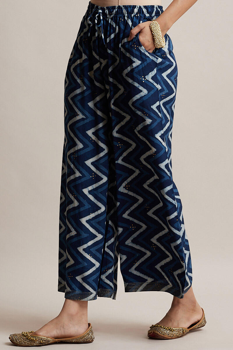 Indigo Block Printed Shantung Silk Palazzo