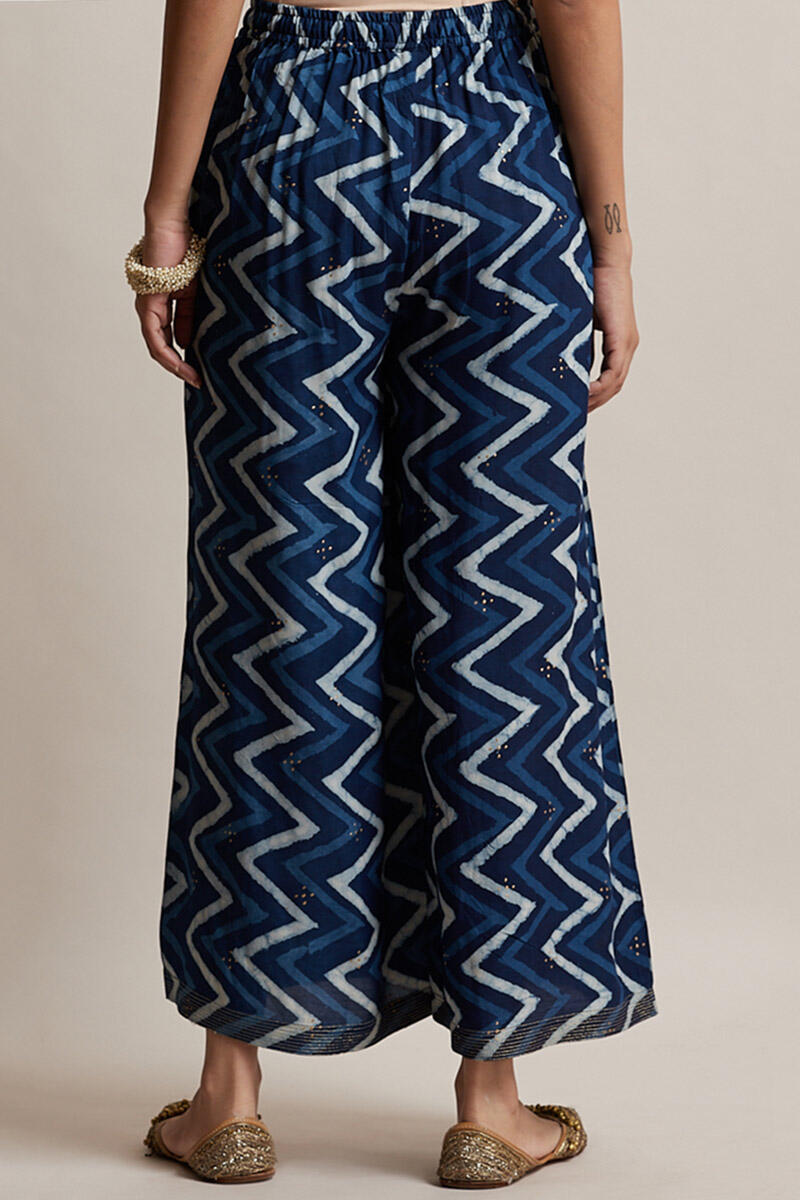 Indigo Block Printed Shantung Silk Palazzo