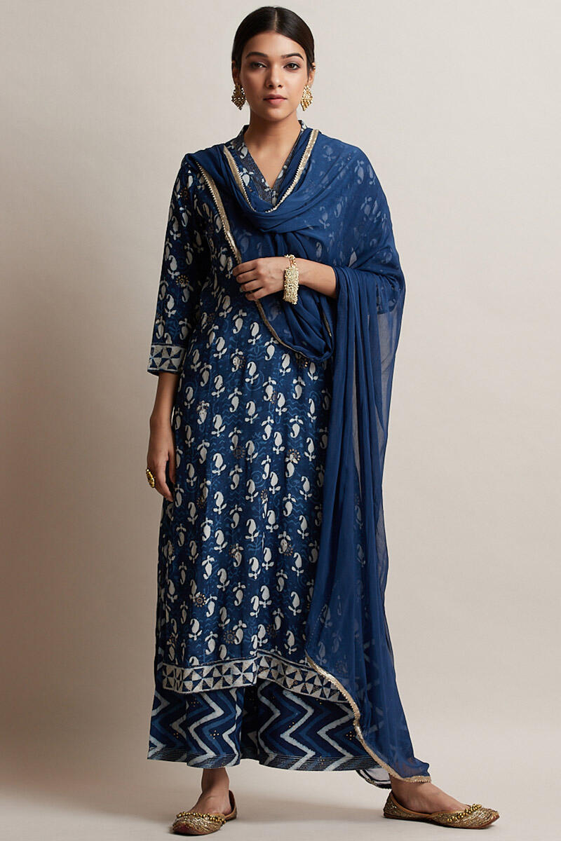 Indigo Block Printed Shantung Silk Palazzo