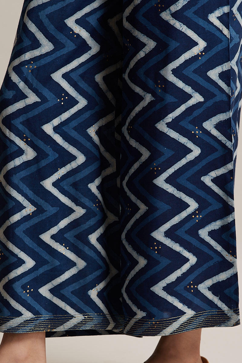Indigo Block Printed Shantung Silk Palazzo