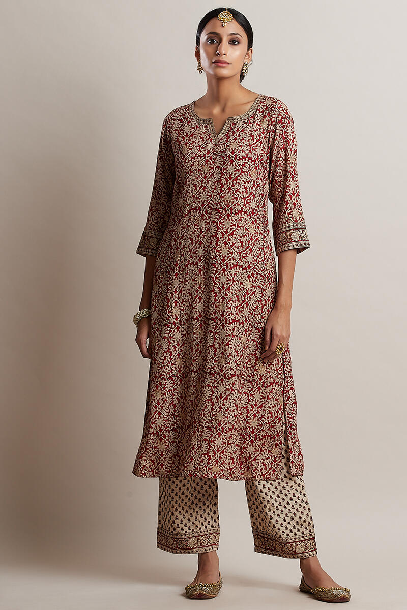 Red Block Printed Straight Shantung Silk Kurta