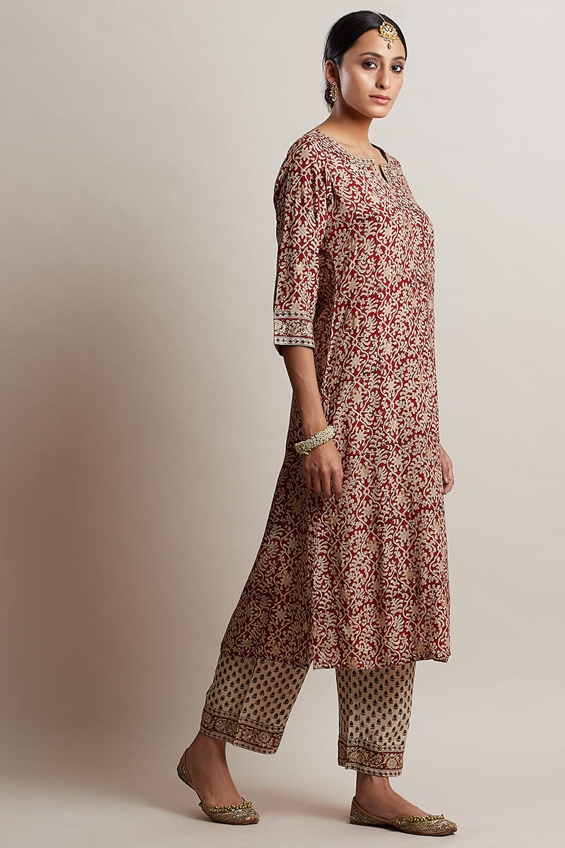 Red Block Printed Straight Shantung Silk Kurta
