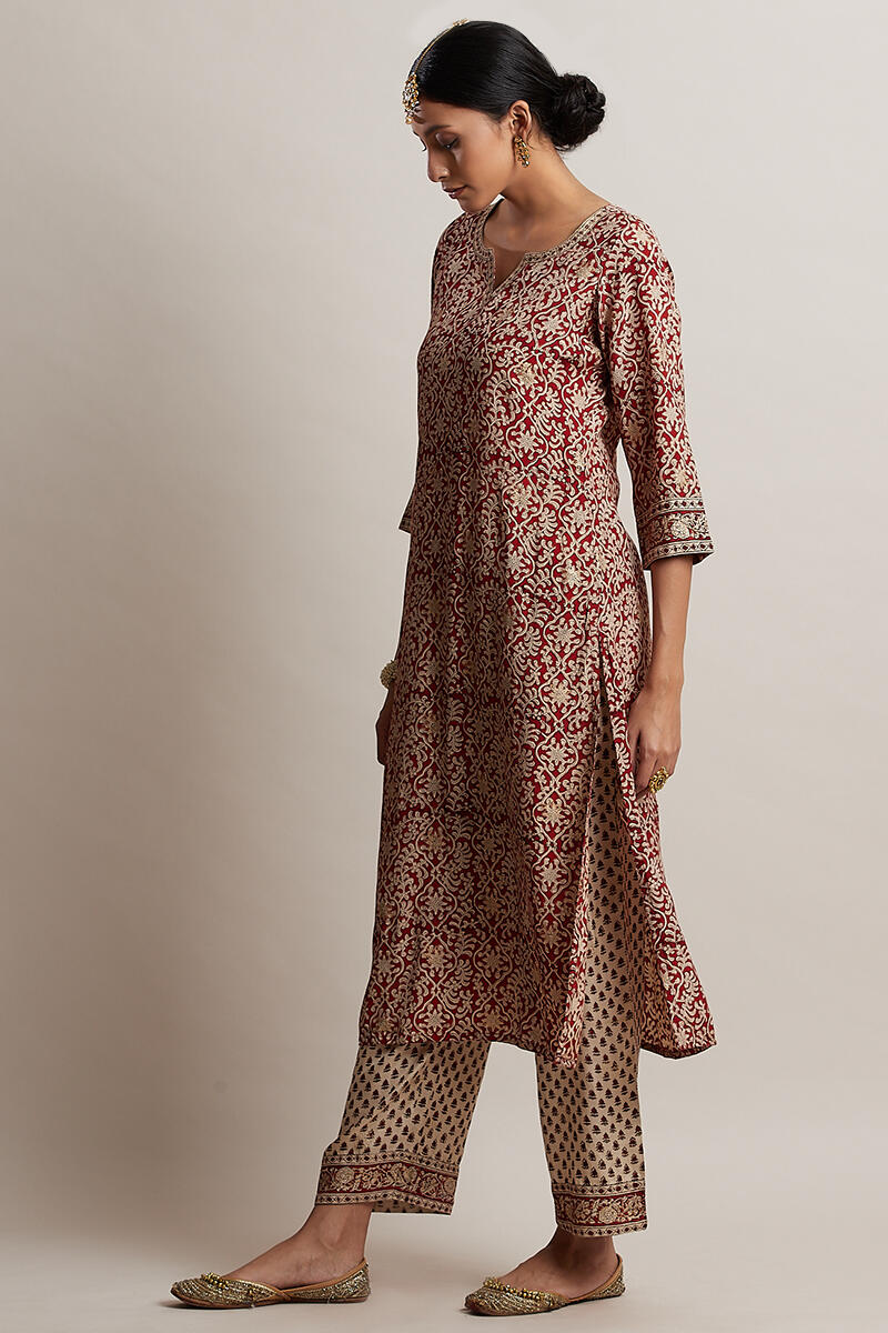 Red Block Printed Straight Shantung Silk Kurta