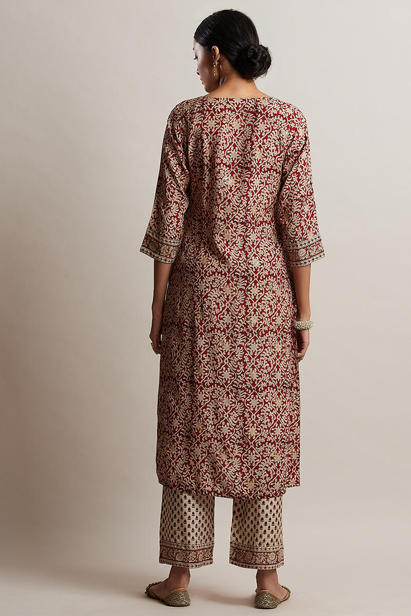 Red Block Printed Straight Shantung Silk Kurta