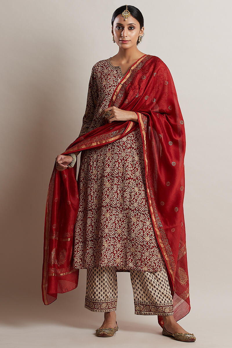 Red Block Printed Straight Shantung Silk Kurta