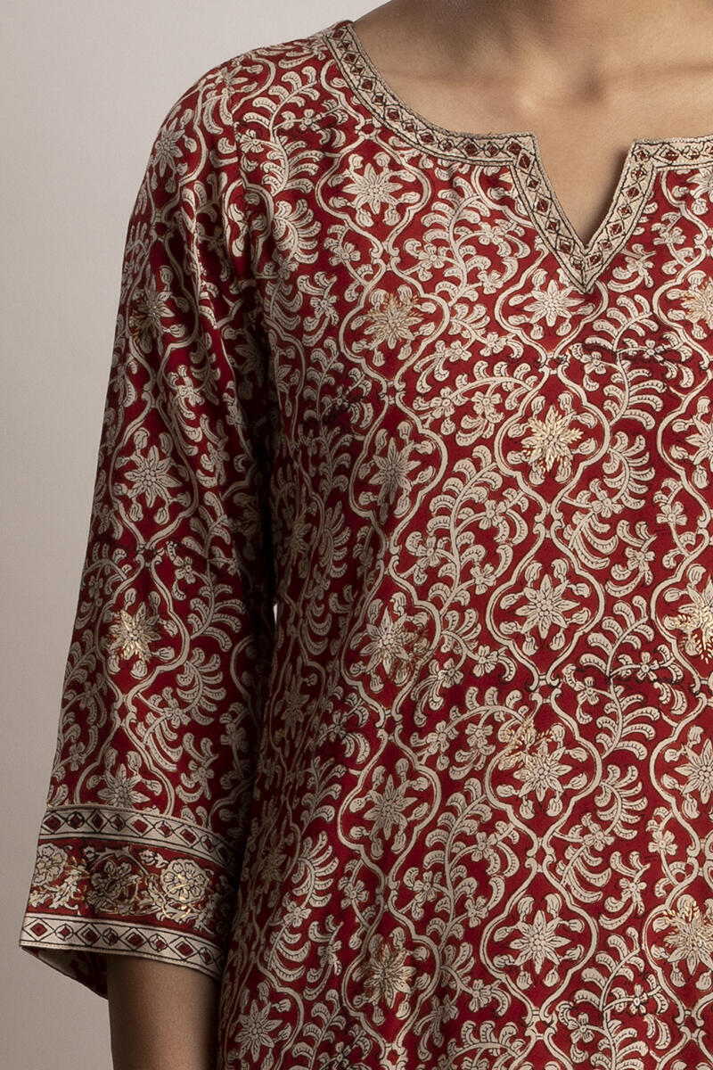 Red Block Printed Straight Shantung Silk Kurta