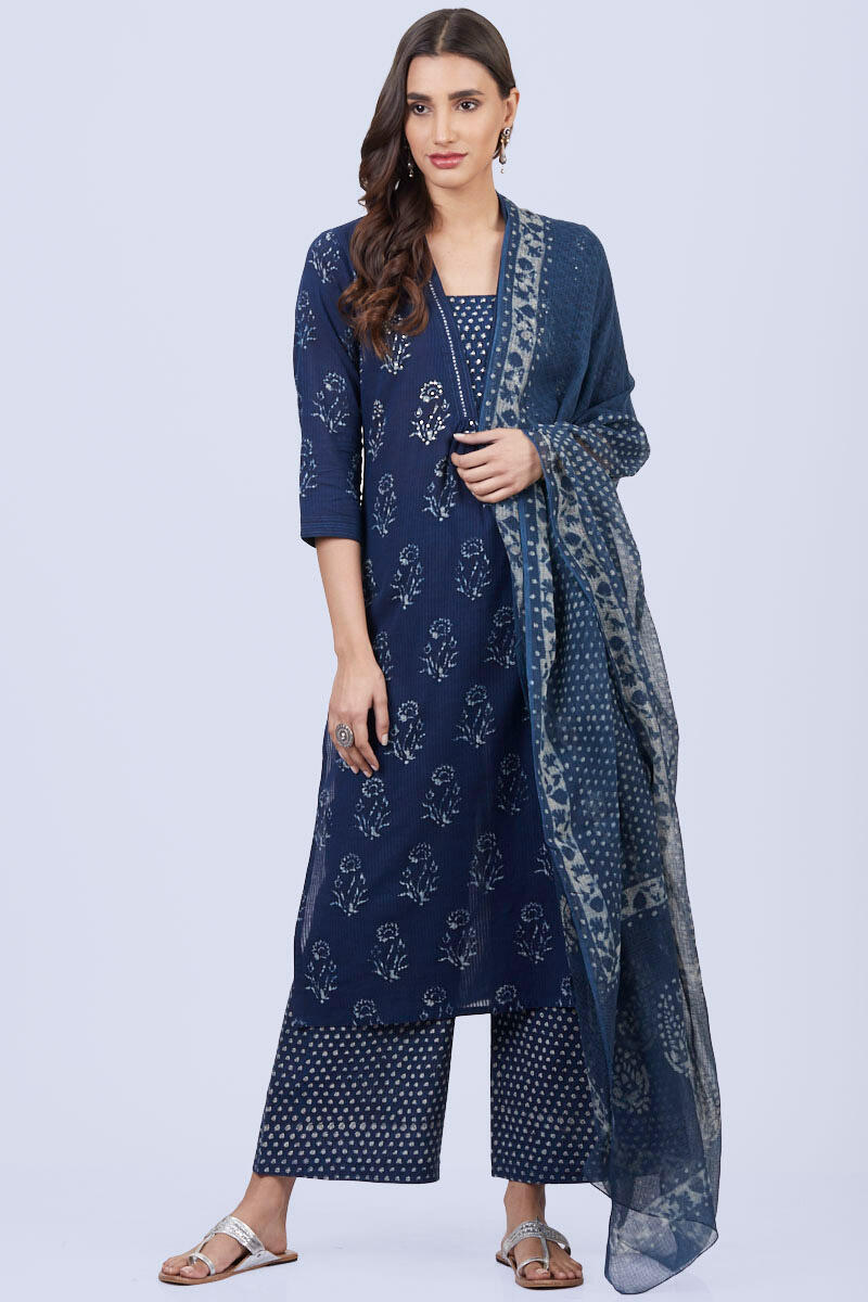 Indigo Block Printed Cotton Silk Blend Dupatta