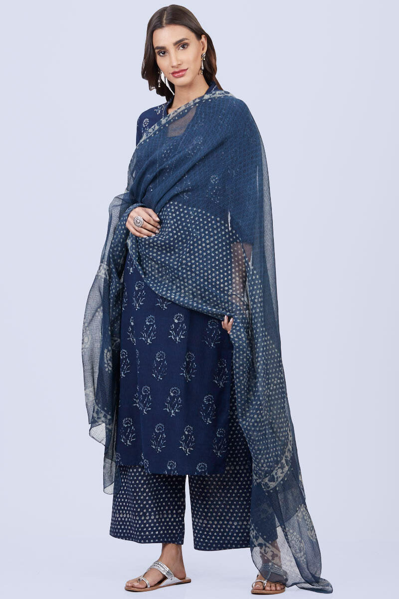 Indigo Block Printed Cotton Silk Blend Dupatta