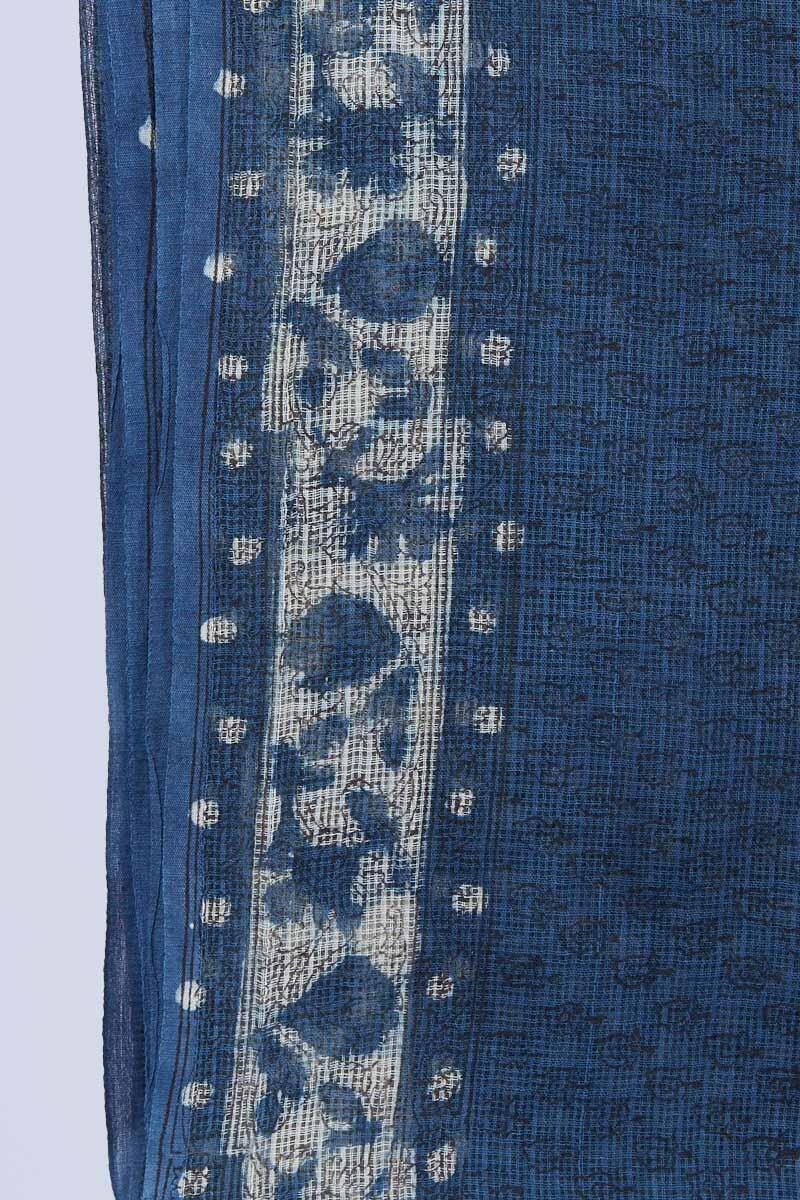 Indigo Block Printed Cotton Silk Blend Dupatta