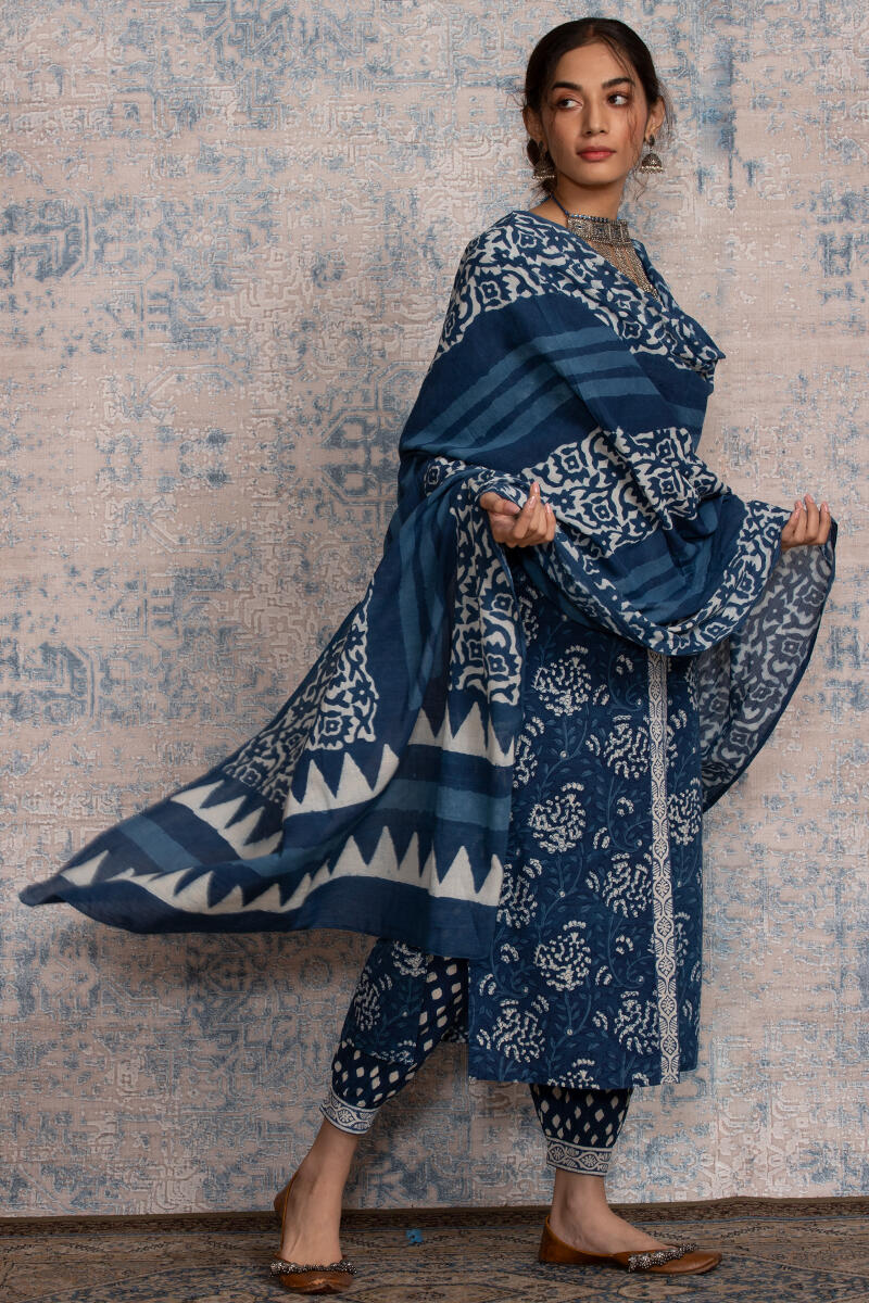 Indigo Block Printed Cotton Dupatta