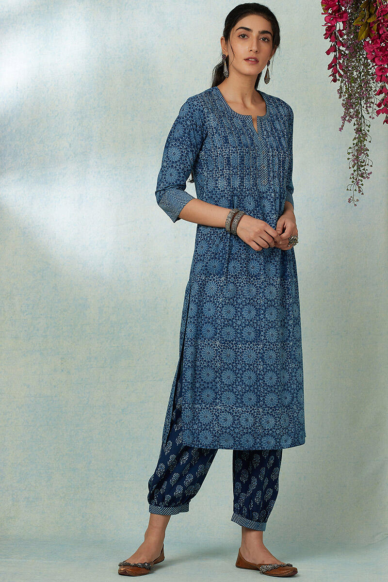 Indigo Block Printed Straight Cotton Kurta