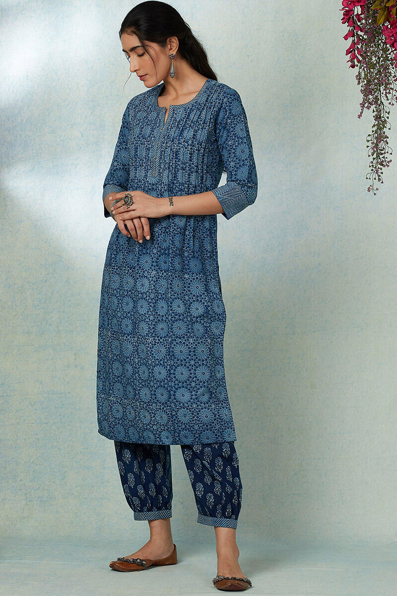 Indigo Block Printed Straight Cotton Kurta