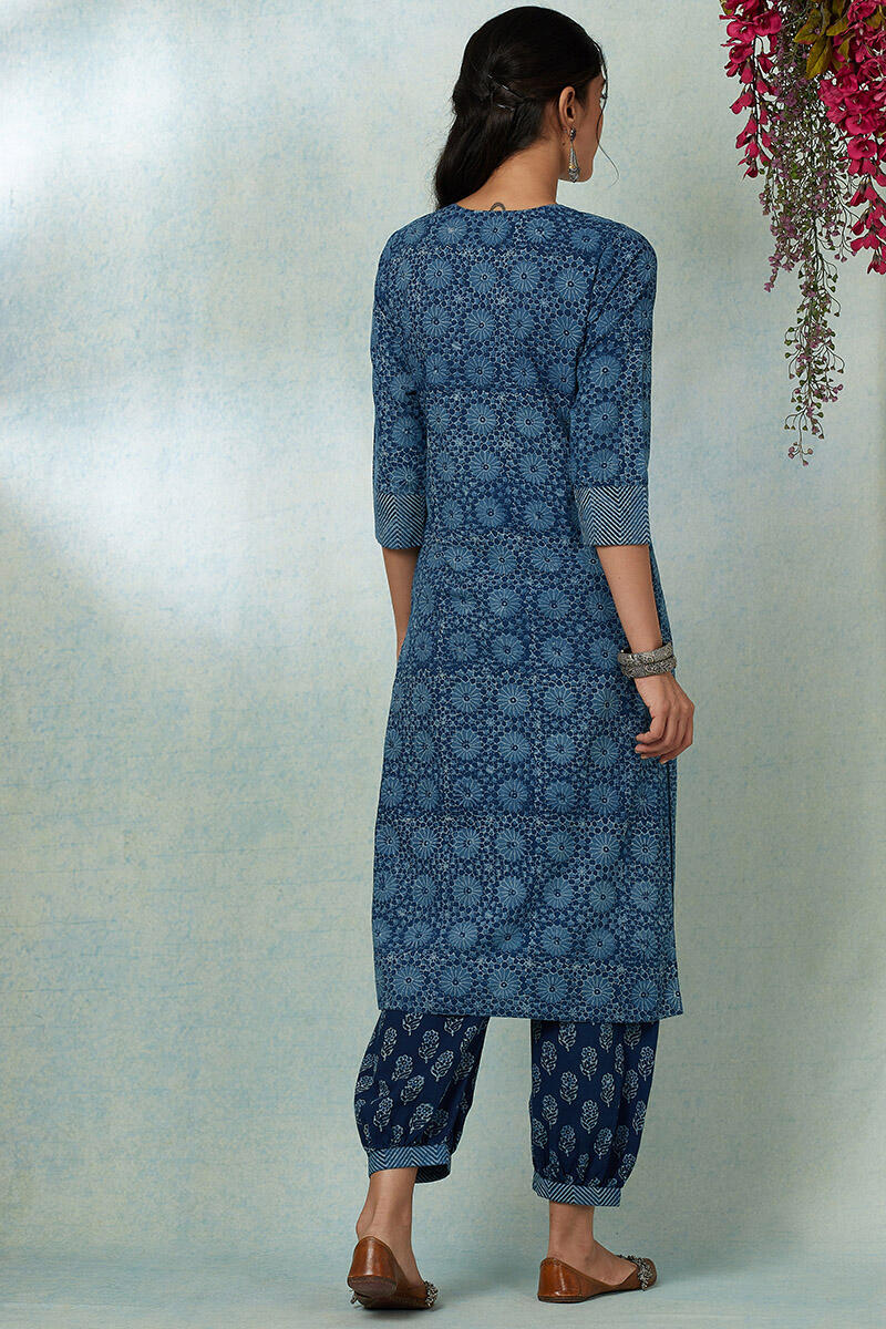 Indigo Block Printed Straight Cotton Kurta