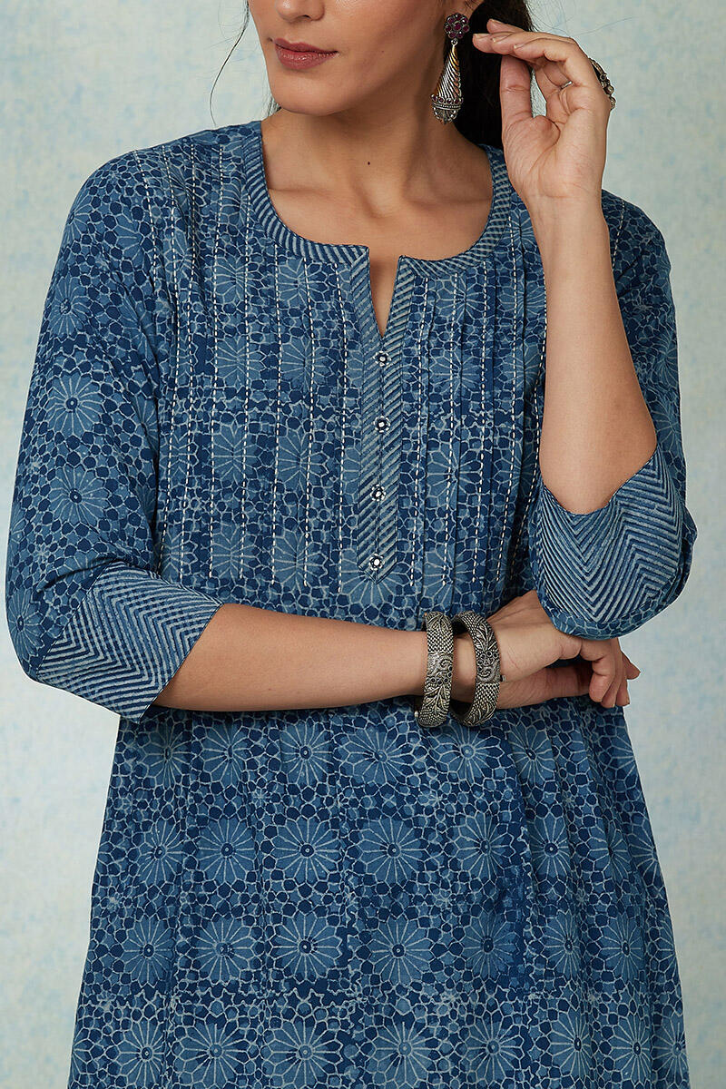 Indigo Block Printed Straight Cotton Kurta