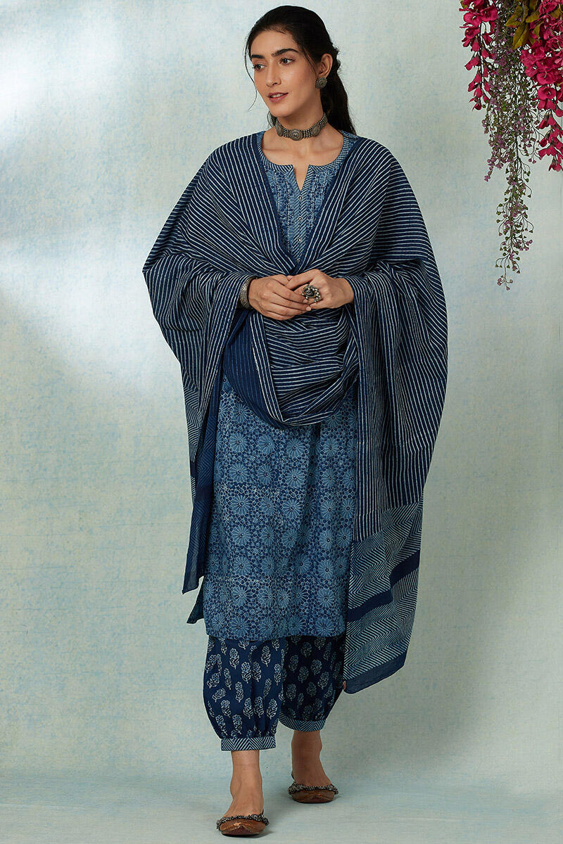 Indigo Block Printed Straight Cotton Kurta