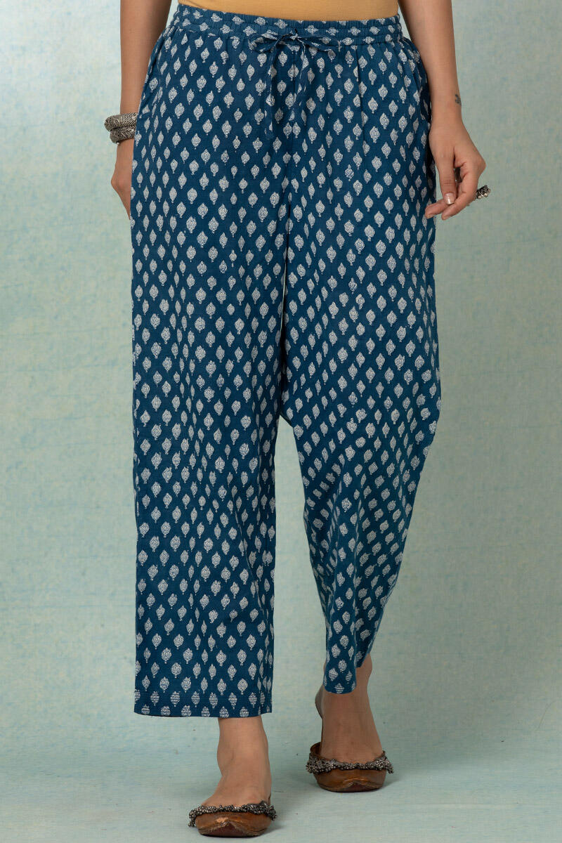 Indigo Block Printed Cotton Straight Farsi