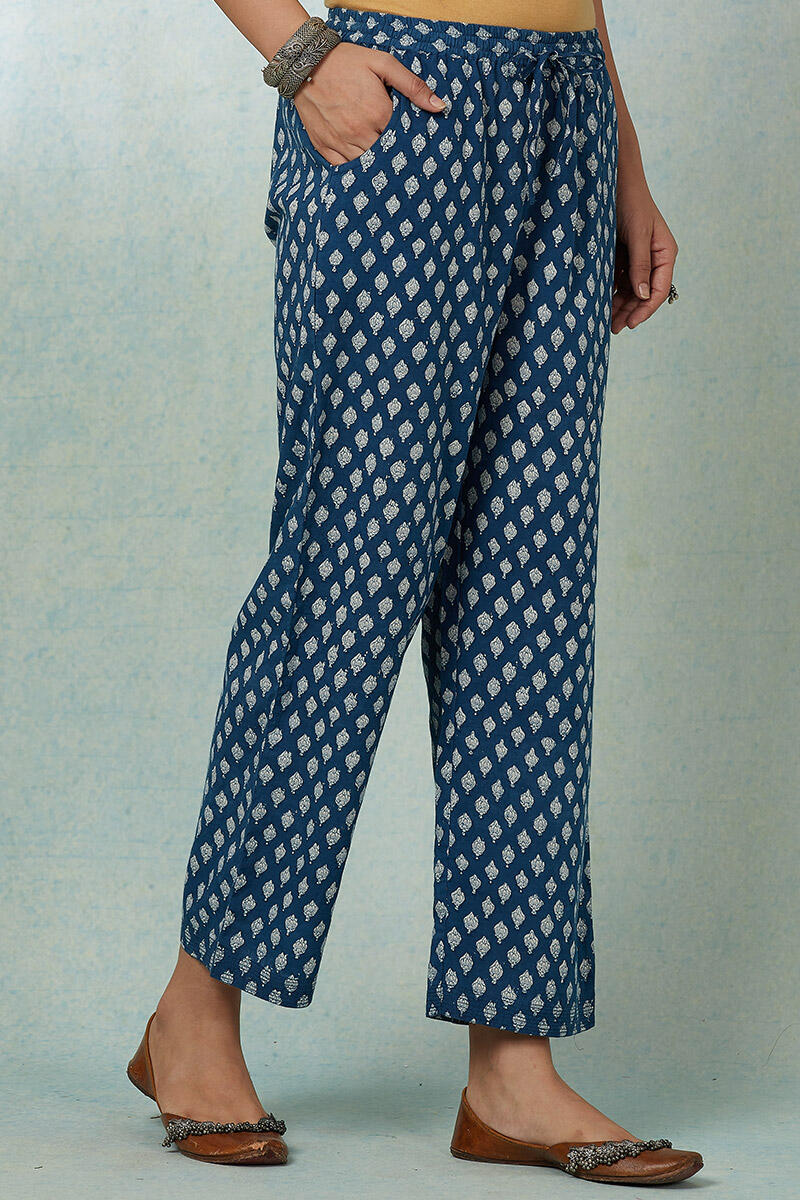 Indigo Block Printed Cotton Straight Farsi