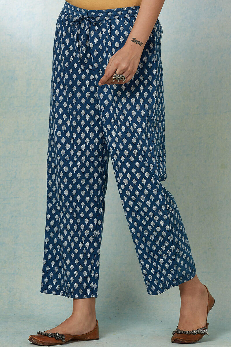 Indigo Block Printed Cotton Straight Farsi