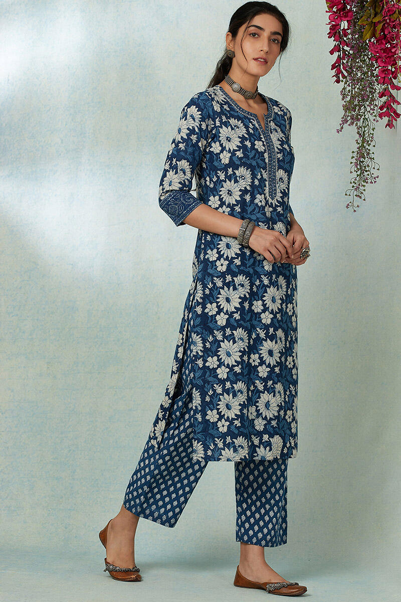Indigo Block Printed Cotton Straight Farsi