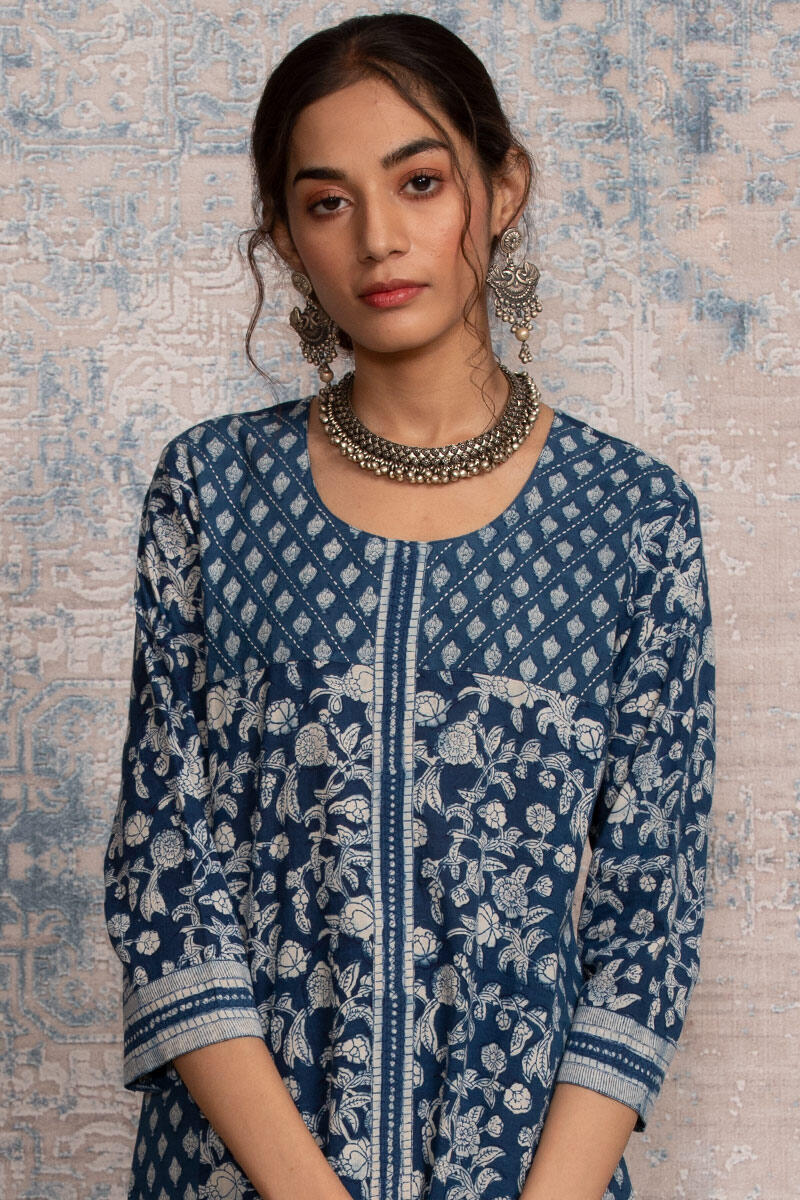 Indigo Block Printed A-Line Cotton Kurta