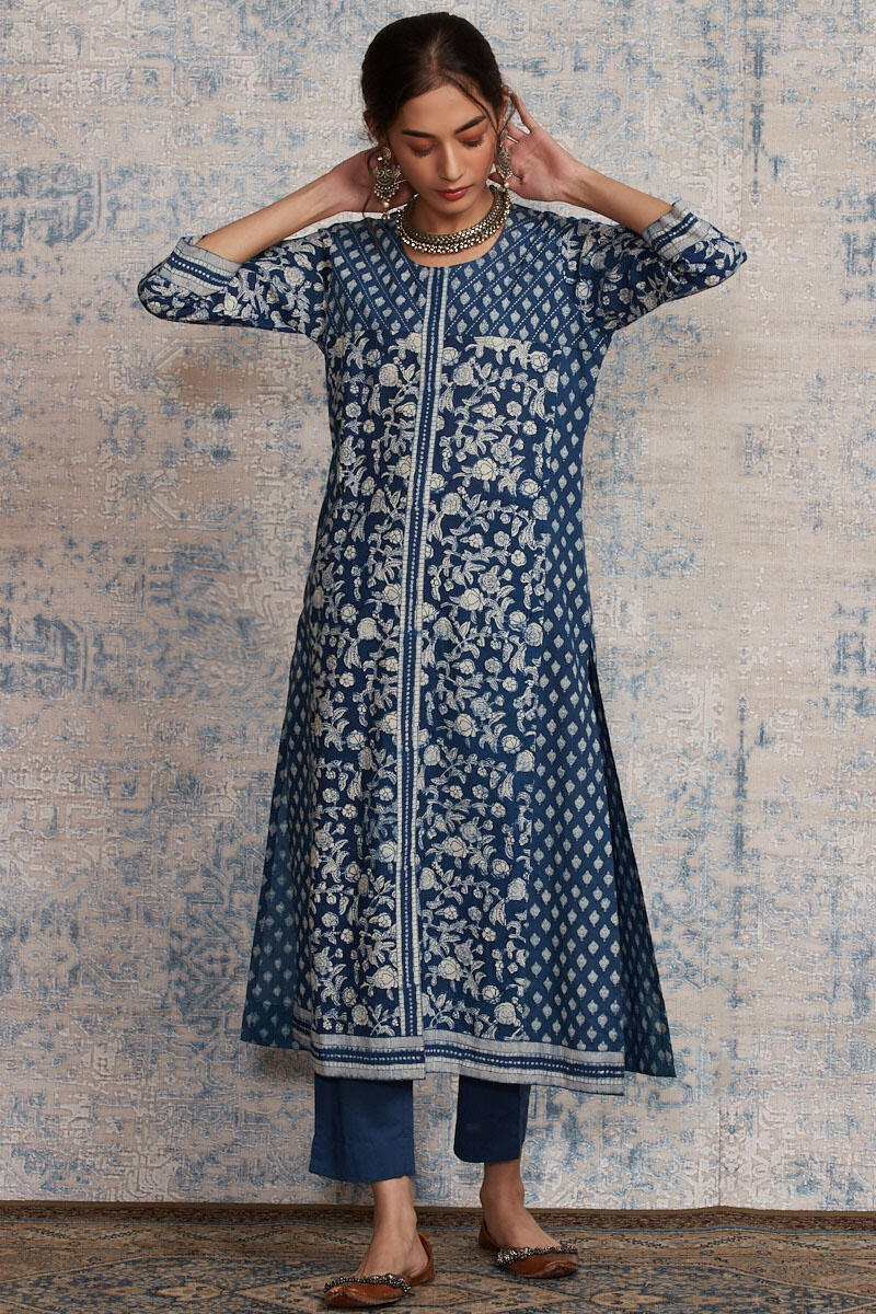 Indigo Block Printed A-Line Cotton Kurta