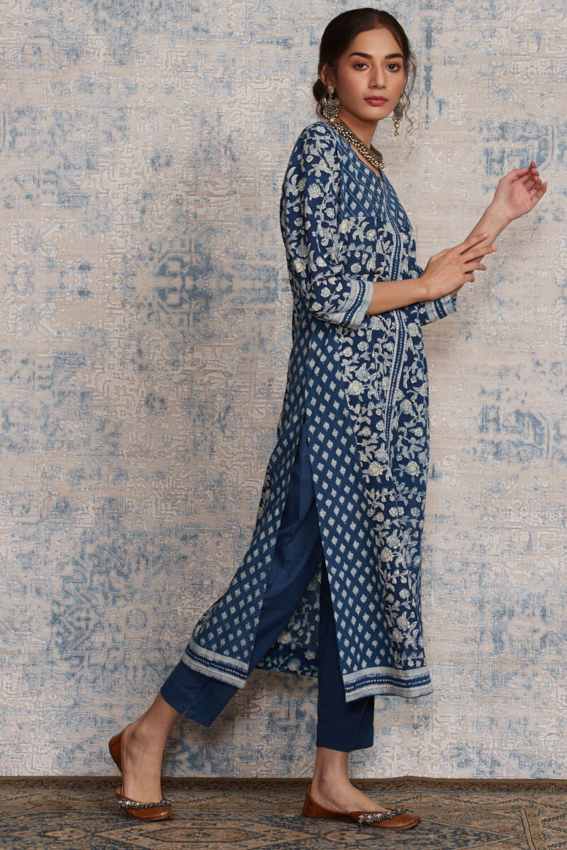 Indigo Block Printed A-Line Cotton Kurta