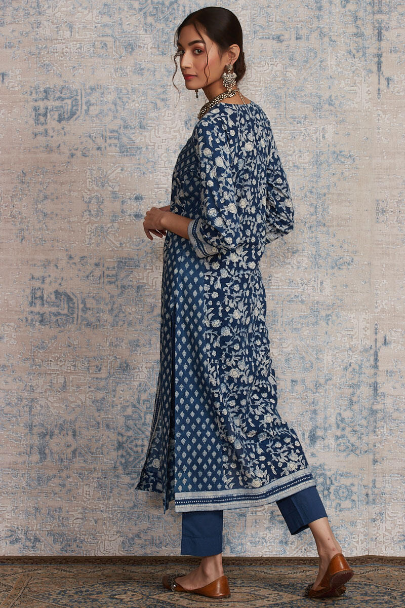 Indigo Block Printed A-Line Cotton Kurta