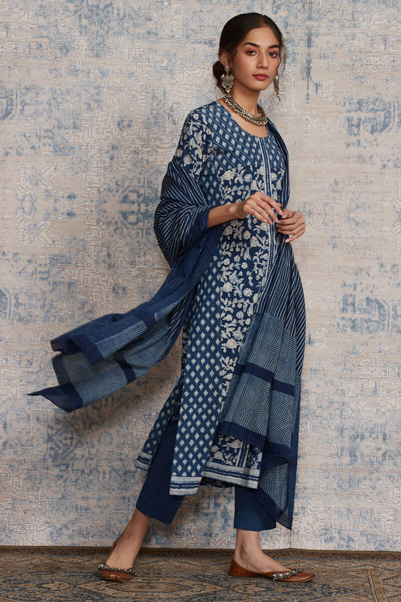 Indigo Block Printed A-Line Cotton Kurta