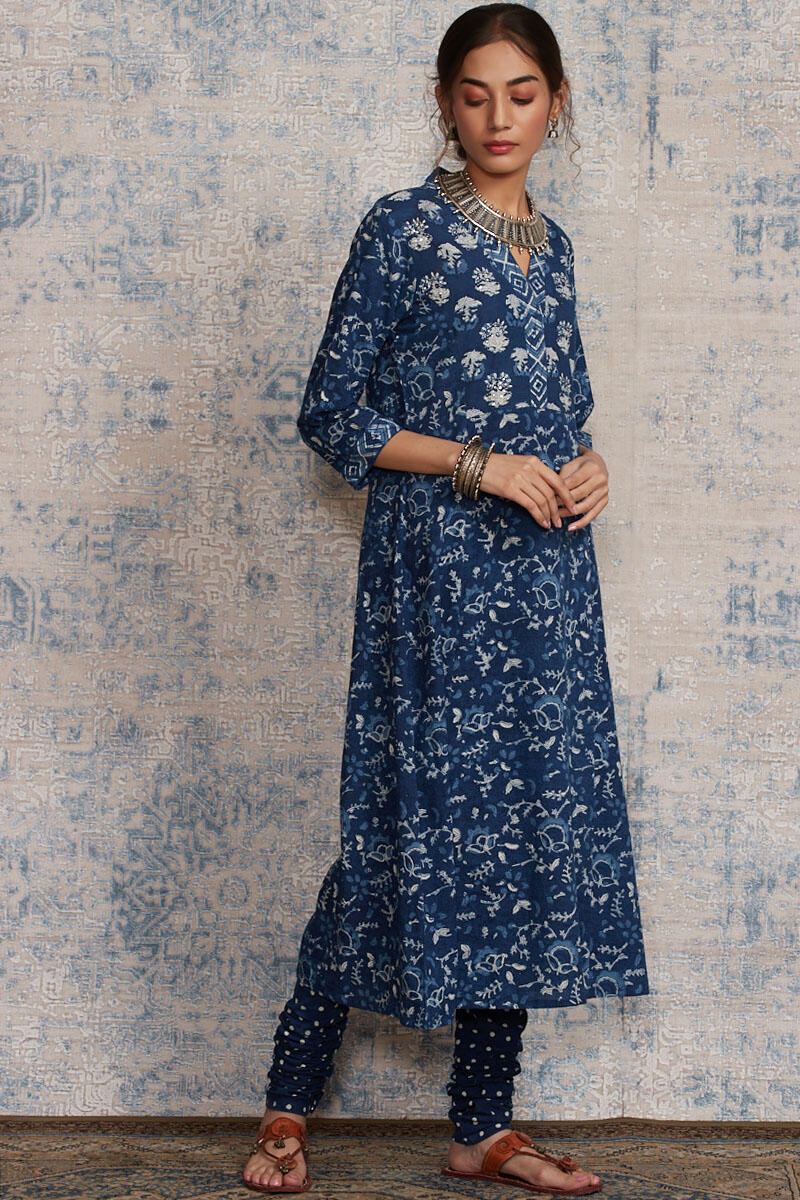 Indigo Block Printed Cotton Churidar
