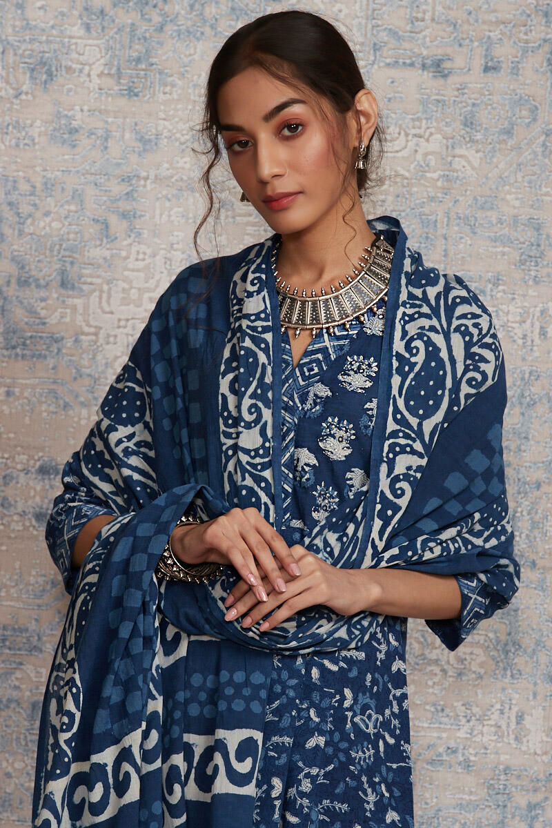 Indigo Block Printed Cotton Dupatta