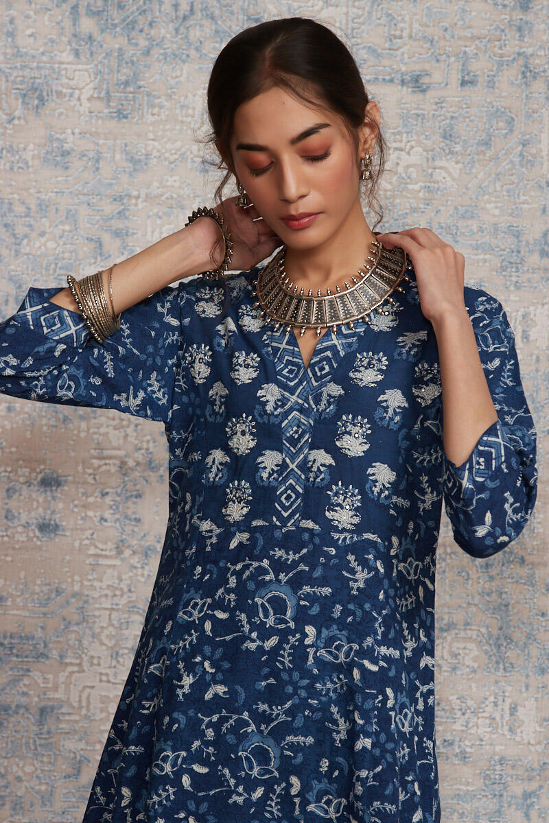 Indigo Block Printed A-Line Cotton Kurta