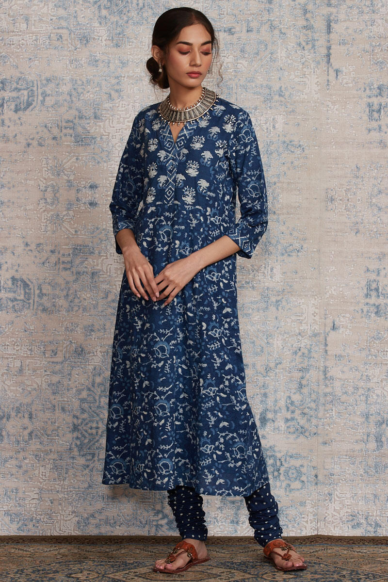 Indigo Block Printed A-Line Cotton Kurta